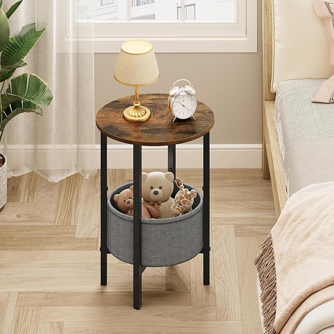 Vagusicc Round Side Table End Table with Storage Basket, Small Side Table Round Nightstand for Small Spaces, Tall Oval End Table with Steel Frame, Coffee Bedside Table for Living Room, Rustic Brown