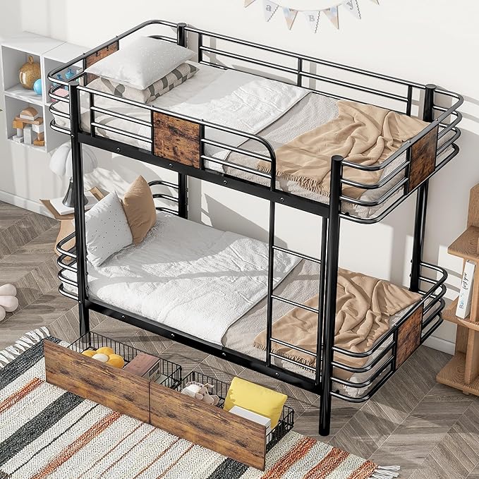 Twin XL Over Twin XL Metal Bunk Bed with MDF Board Guardrail,an Integrated Ladder,Full-Length Guardrails and Two Storage Drawers,Industrial Modern bunk-Bed,No Box Spring Needed,Black