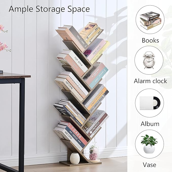 Hoctieon 10 Tier Tree Bookshelf, 10 Shelf Bookcase, Free Standing Tree Bookcase, Display Floor Standing Shelf for Books, Book Organizer Shelves for Home Office, Living Room, Bedroom, Greige