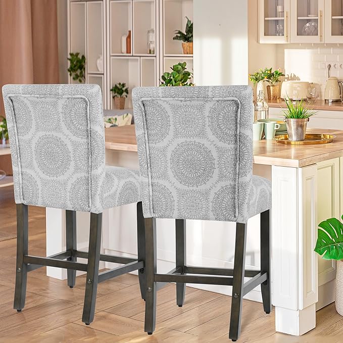 HomePop Upholstered Counter Height Barstool, 24-Inch, Gray Medallion