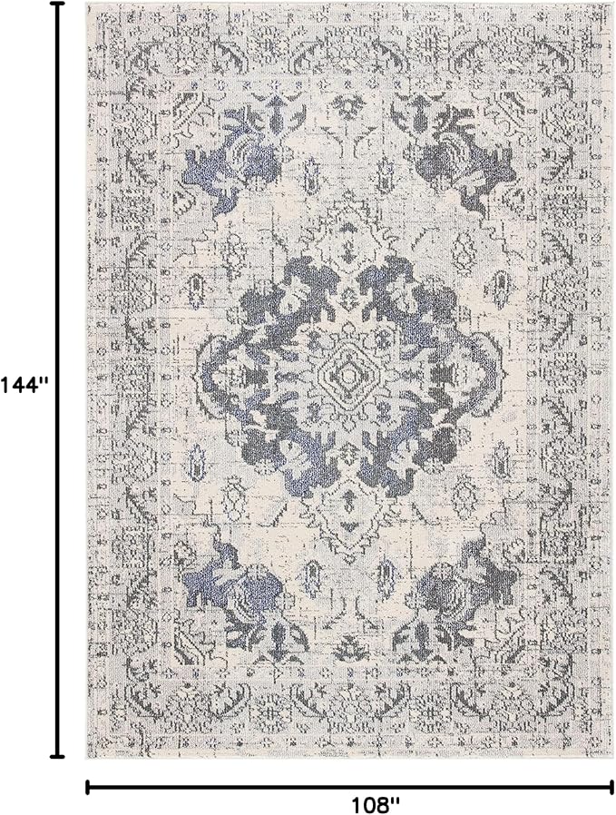 SAFAVIEH Monaco Collection Area Rug - 9' x 12', Ivory & Grey, Boho Chic Medallion Distressed Design, Non-Shedding & Easy Care, Ideal for High Traffic Areas in Living Room, Bedroom (MNC243B)
