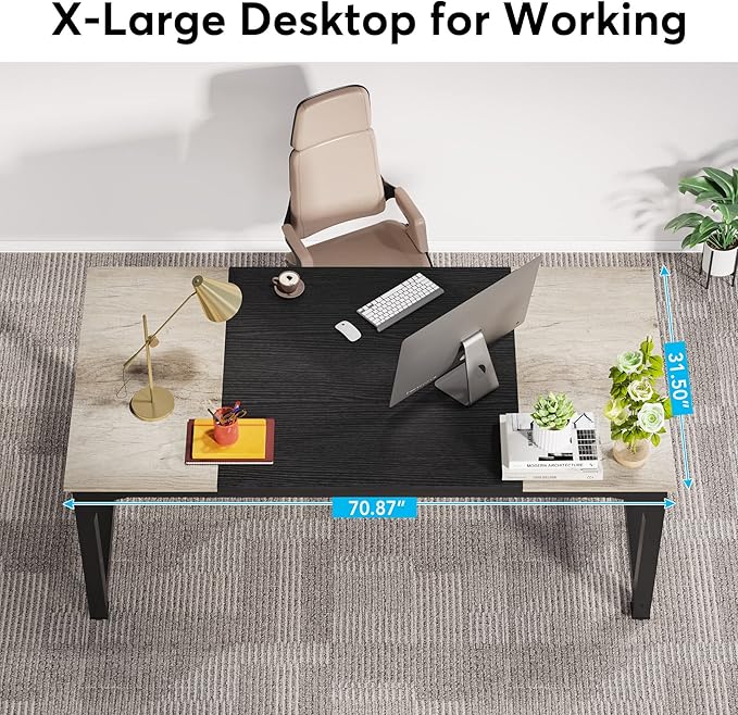 LITTLE TREE 70.8 Inch X-Large Executive Computer Office Desk, Grey+Black