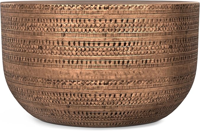 SIMPLIHOME Johnsen 30-inch Wide Metal Drum Coffee Table in Antique Copper, Boho-Style Cocktail Table for Living Room or Family Room, Assembled
