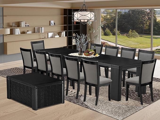 X12MZ-0C6-50 - 14-Pc Dining Room Table Set a Rectangular Table with a coffee table and 12 Dark Gotham Grey Linen Fabric Dining Chair, 39x120 Inch, Wire Brushed Black