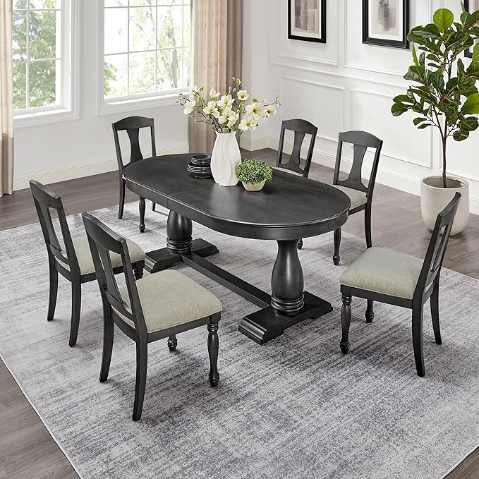 KEIKI Retro 7-Piece Wooden Dining Table Set for 6 Person, Vintage Style Table Set with Extendable Curved MDF Wood Grain Table and 6 Upholstered Chair, Easy Assembly, for Kitchen, Dining Room, Dark Oak