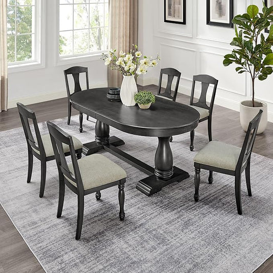 KEIKI Retro 7-Piece Wooden Dining Table Set for 6 Person, Vintage Style Table Set with Extendable Curved MDF Wood Grain Table and 6 Upholstered Chair, Easy Assembly, for Kitchen, Dining Room, Dark Oak