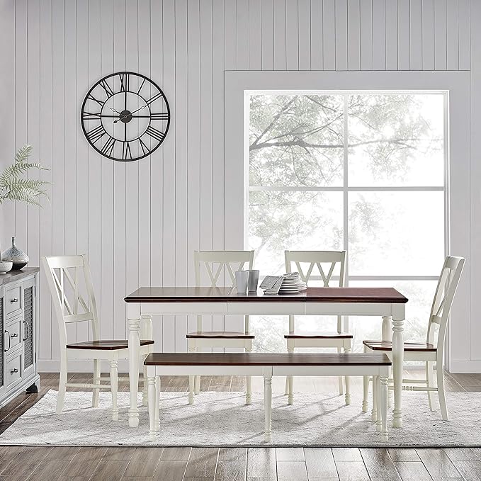 Crosley Furniture Shelby 6-Piece Traditional Dining Table Set for 7 with 4 Chairs and a Wood Bench, Distressed White