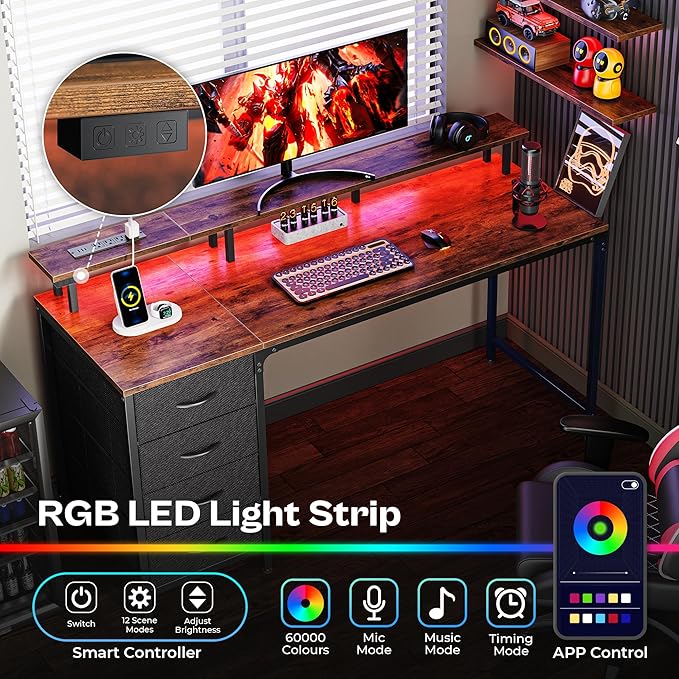 Huuger 55 Inch Computer Desk with Power Outlets and LED Lights, Gaming Desk with 4 Drawers, Office Desk with Monitor Stand, Study Work Home Office, Rustic Brown