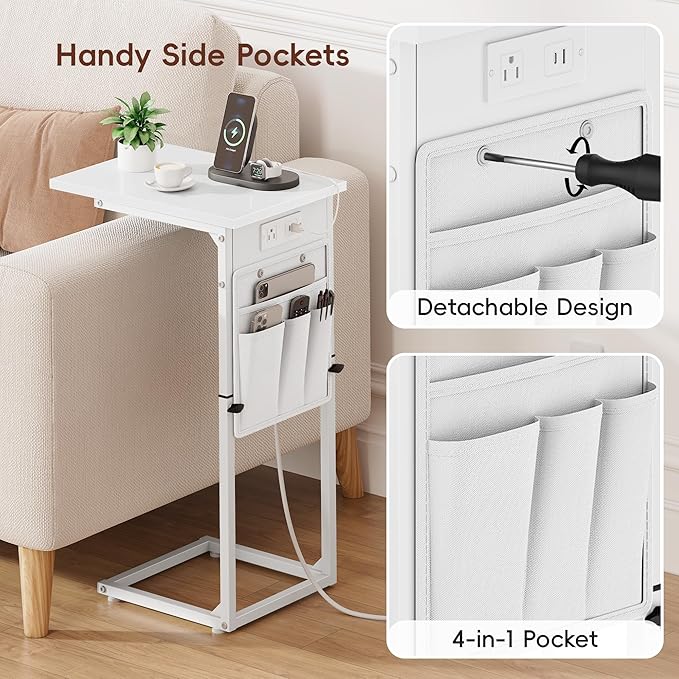 Vagusicc C Shaped End Table with Charging Station, Adjustable Height Side Table for Couch, Small Sofa Table for Small Spaces, Slide Under Sofa Table TV Tray Arm Tables for Living Room, Bedroom, White