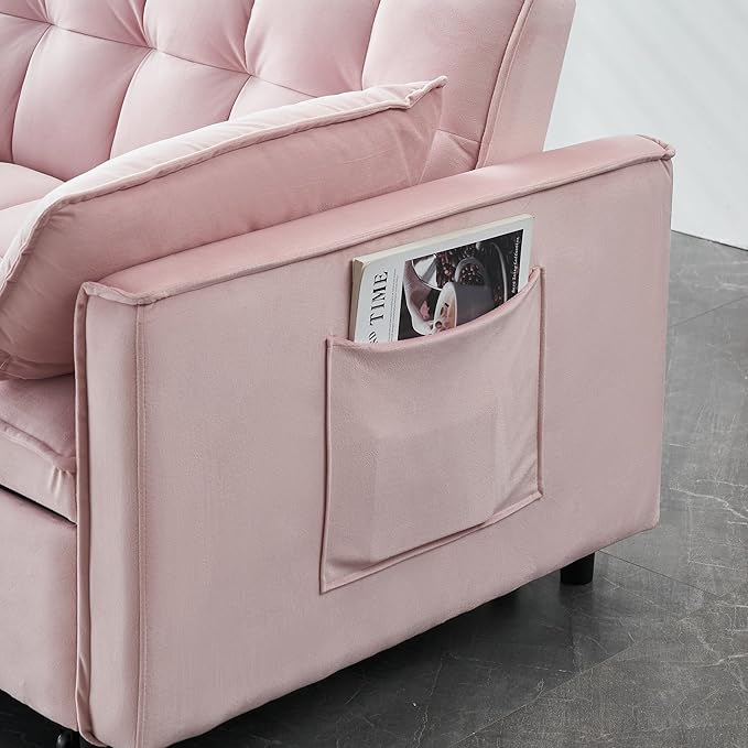 Ball & Cast Convertible Sofa Bed,Loveseat Sleeper Sofa W/Pull-Out Bed&2 Pillows,Convertible Pull Out Couch W/Adjustable Backrest&Side Pocket,Velvet Futon Couches for Living Room,Apartment,Pink,55"