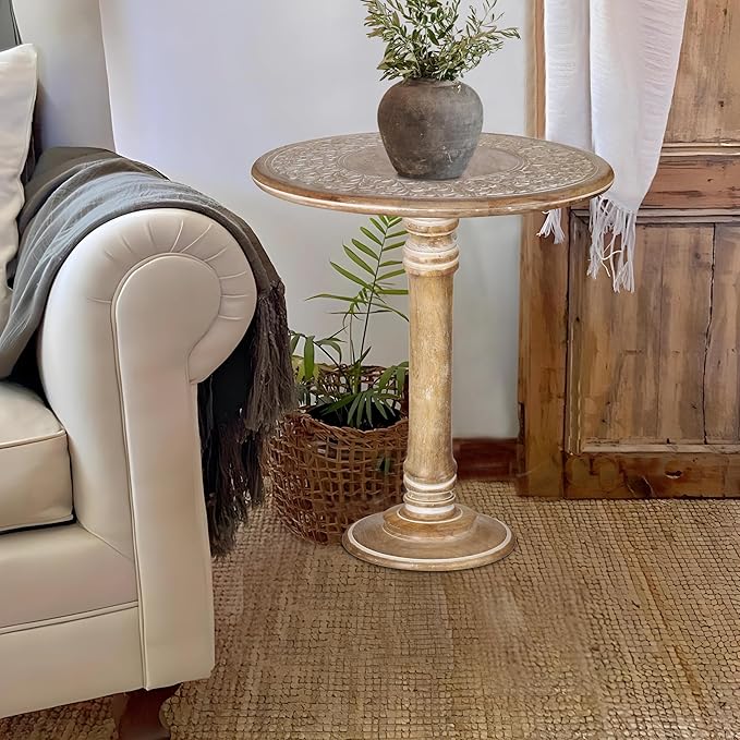 Lightnpro Handcrafted Wooden Single Pillar Table - Small Accent Side End Table, Bedside Nightstand, Entryway, Living Room - Vintage Desk for Books, Plants & Décor - 18x22 Inch, Distressed White