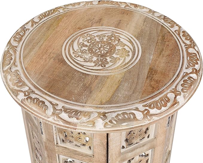 The Wooden Town Carved Wood Round End Table – 18" Accent Side Table for Living Room, White Washed Small Coffee Table, Handcrafted Altar Table, Solid Wood Design