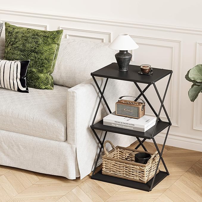 3-Tier End Table Small Side Table Tall Bedside Night Stand with Storage Sofa Side desks for Living Room Bedroom Office Bathroom Small Space Black ET-03BK