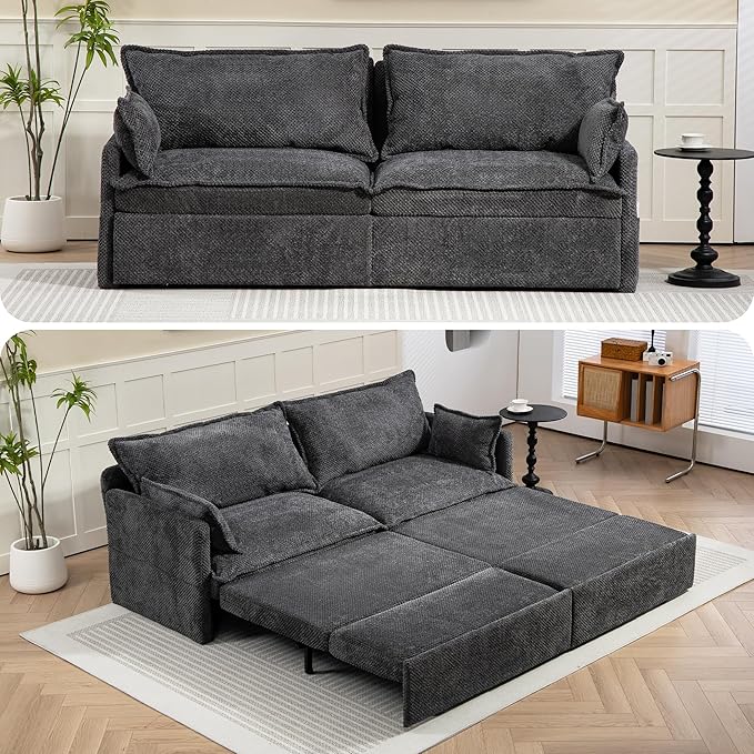 Furnimart 73.6" King Size Pull Out Sofa Bed, 3 in 1 Convertible Sleeper Bed with USB/C-Type Charging Ports & Side Pockets, Modern Futon Couch for Living Room, Apartment, Bedroom, Corduroy Dark Grey