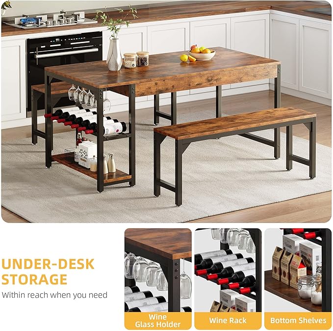 DWVO 3-Pieces Dining Room Table Set for 4 People 63" Large Dining Table with 2 Benches Rectangle Industrial Kitchen Table for 4 with Metal Frame & 2 Storage Shelves for Small Space Kitchen Brown