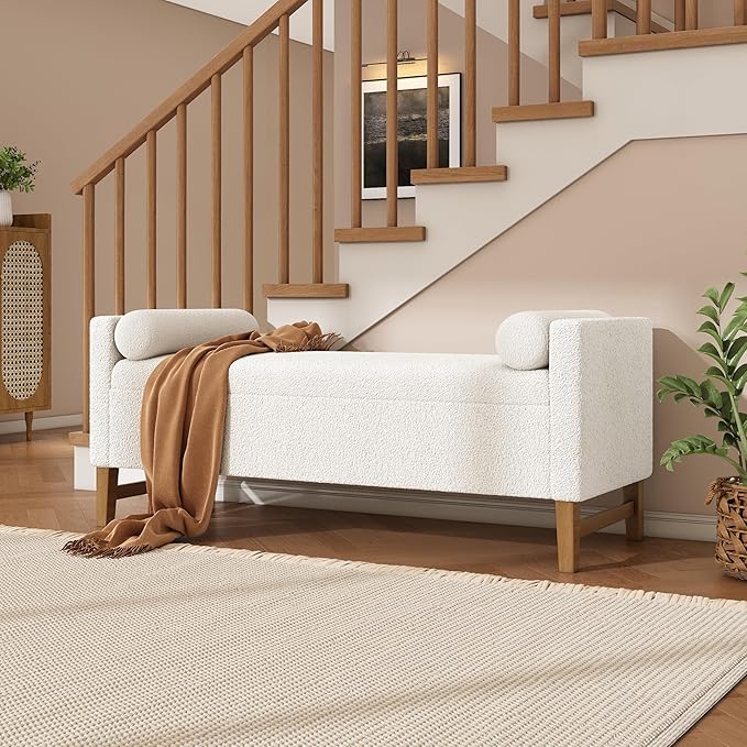 Merax Boucle Upholstered Storage Ottoman Bench 50.8" End of Bed Bench with 2 Round Pillows & Solid Wood Legs, Ample Hidden Storage Space, for Entryway Bedroom, Ivory