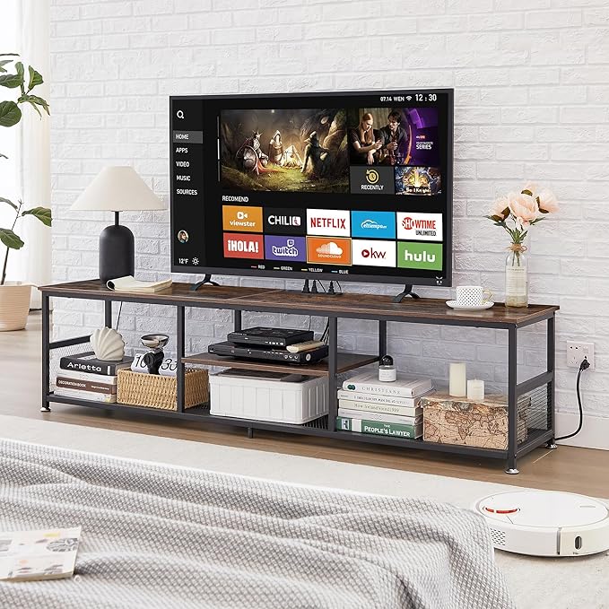 VECELO TV Stand with Power Outlets for Televisions up to 75Inch, 62" Media Entertainment Center with Charging Station 3-Tier Open Storage Shelves with Metal Frame for Living Room/Bedroom，Brown