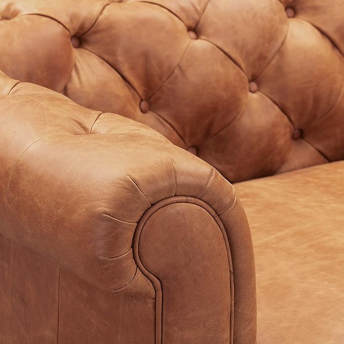 POLY & BARK Lyon Leather Lounge Chairs - Set of 2 - Cognac Tan Full-Grain Leather Upholstery – Modern Upholstered Accent Chair for Living Room or Bedroom – Indoor Lounge Seating with Lasting Comfort