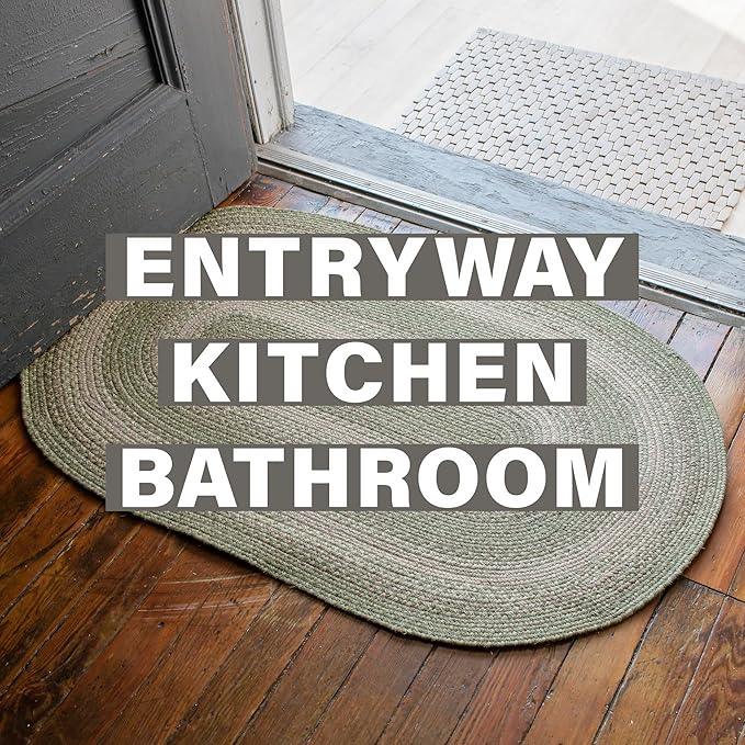 Grassland Country Braided Oval Rugs 16x24 - Braided Green Jute Rug for Kitchen and Entryway