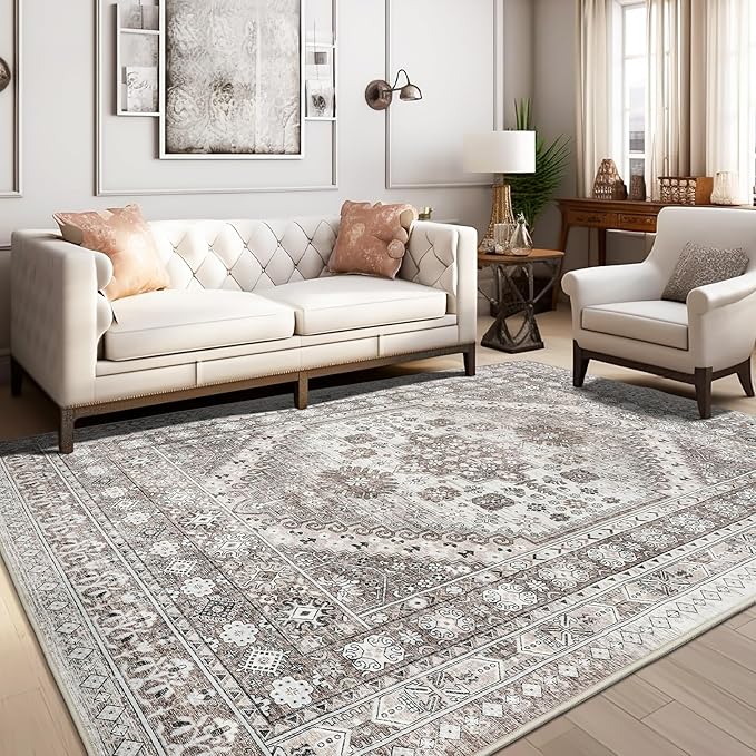 zesthome 3x5 Area Rug Ultra Soft Washable Rug, Non Slip Area Rug Indoor Entrance, Stain Resistant Rugs for Living Room Bedroom Vintage Home Decor (Brown/Beige,3'x5')