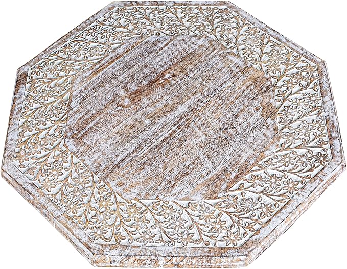 Farmhouse Carved Octagonal End Table – Rustic Accent Side Table with Hand Carved Floral Detailing, Portable Wood Tray Top, White Wash Finish, 24" Dai x 18" Height–Nightstand For Living Room,Bedroom