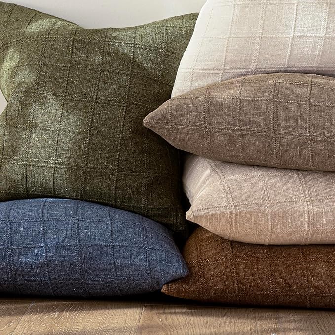Foindtower Set of 2 Decorative Linen Check Throw Pillow Covers Neutral Farmhouse Vintage Cushion Covers Modern Boho Home Decor for Sofa Chair Couch Bedroom Living Room Outdoor,22×22 Inch,Tan Taupe
