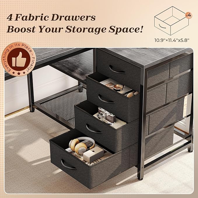 PRAISUN 43.3" Small Computer Desk with Power Outlets and USB-C Port, Reversible L Shaped Corner Office Desk with 4 Fabric Drawers and 2 Height-Adjustable Shelves, for Gaming Writing, Grey