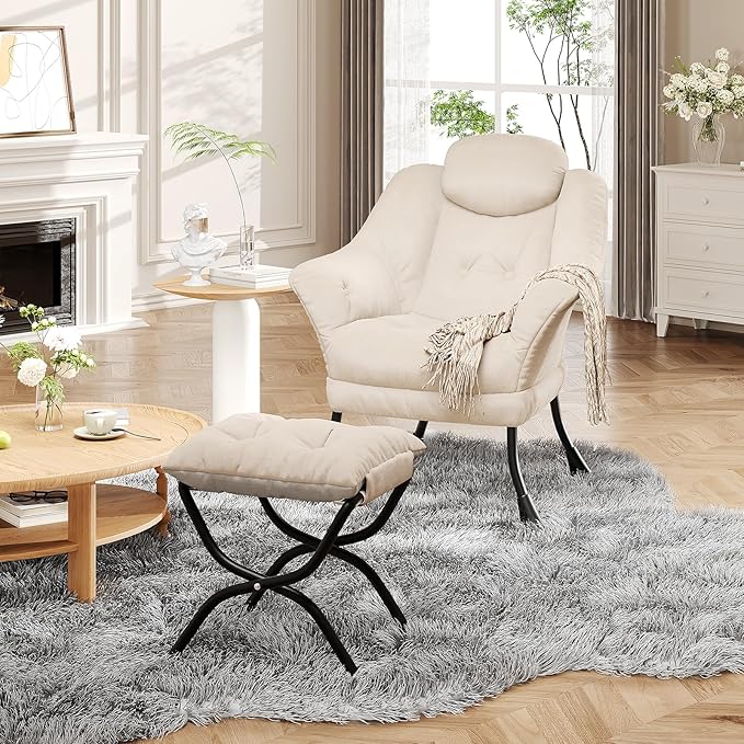 IDEALHOUSE Lazy Chair with Ottoman - Modern Living Room Chairs for Small Spaces, Ergonomic Reading Chair with Armrests, Comfy Chair with Ottoman for Bedroom & Living Room, Beige