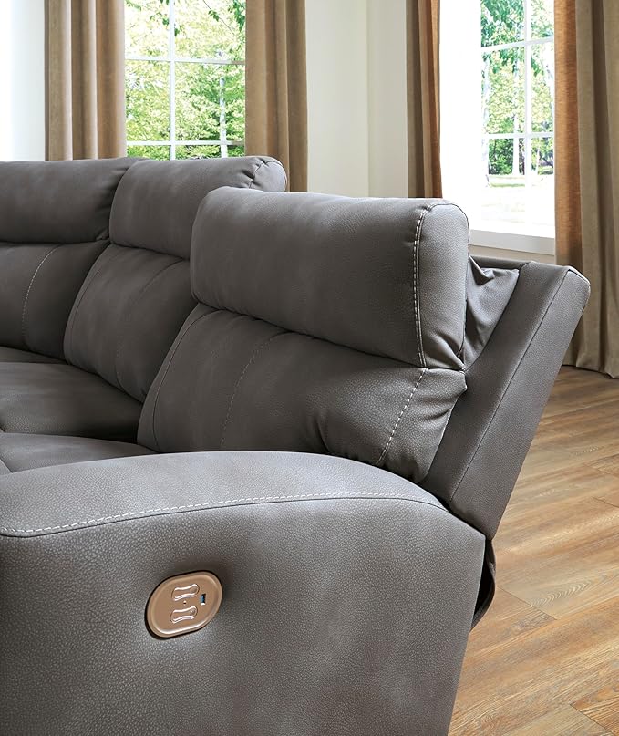 Signature Design by Ashley Next-Gen DuraPella Contemporary Faux Leather Modular Wall Hugger 3-Piece Power Reclining Sectional Loveseat with Console, Adjustable Headrest and USB Ports, Gray