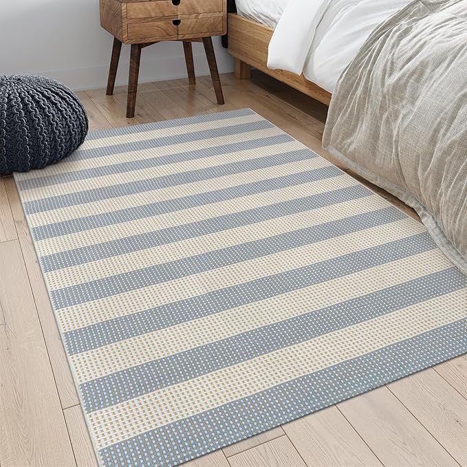 OJIA Washable Area Rugs 4'x6', Striped Outdoor Rug Cotton Woven Entryway Rugs Indoor Patio Rugs Carpet Large Area Rugs for Bedroom/Porch/Deck/Backyard/Camping/Living Room (Blue/White/Tan)