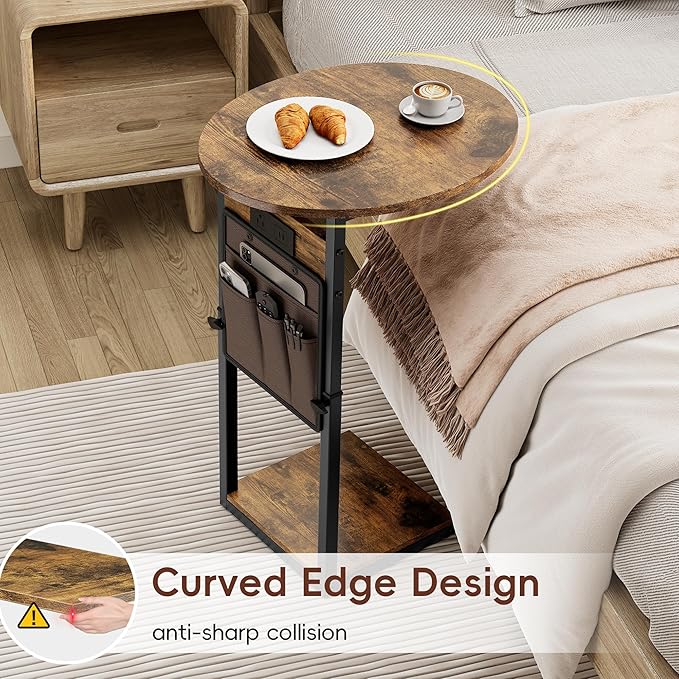 Vagusicc C Shaped End Table with Charging Station, Adjustable Height Side Table for Couch, 32" Tall End Table Small Couch Side Table, Slide Under Sofa TV Tray Snack Arm Tables for Living Room, Brown
