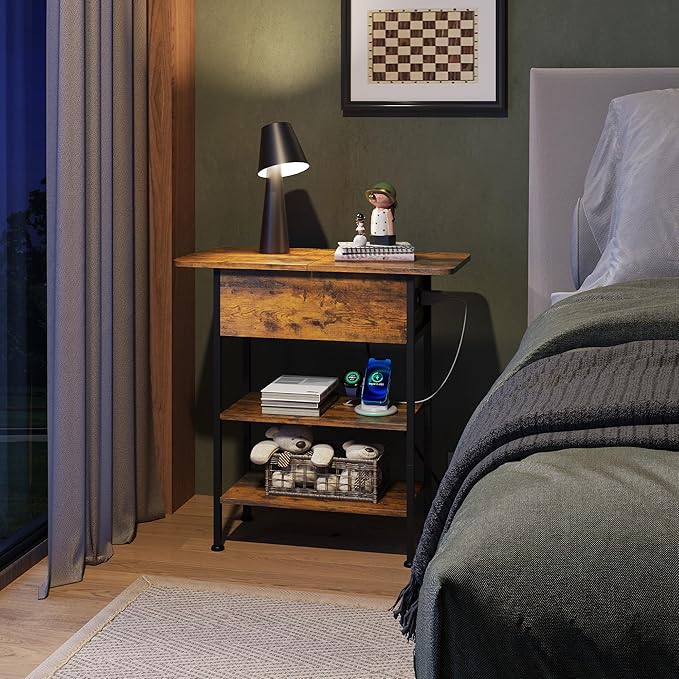 WLIVE End Table with Charging Station, Flip Top Side Table with Storage Shelf, Narrow Bedside Table for Living Room, Sofa Couch Table with USB Ports and Outlets, Bedroom Nightstand, Rustic Brown