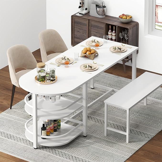 soges Dining Table for 4-6 Person, 71 inch Long Kitchen Dining Table for Living Room and Dining Room, Dinner Table with Storage Shelf & Cup Holder, Metal Legs(Only Table), White