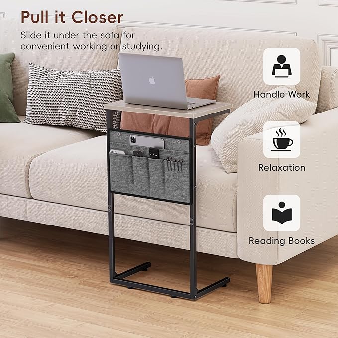 Vagusicc C Shaped End Table, 28'' Tall Side Table for Couch, Small Couch Side Table, Tall Arm Chair Table TV Tray Tables Living Room, Slide Under Sofa Table with Metal Frame for Bedroom Small Spaces