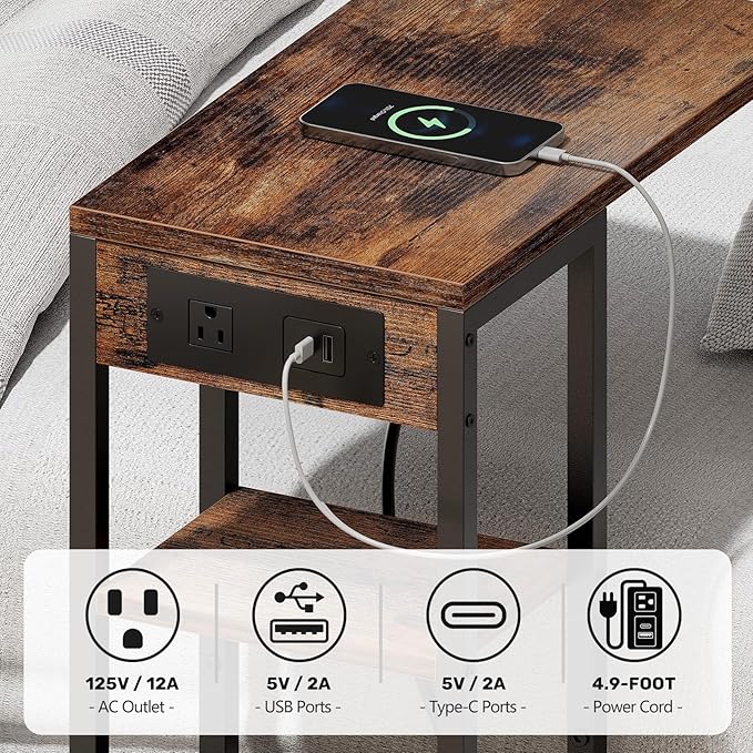 C Shaped End Table with Charging Station, Small Side Table for Couch Recliner, Slide Under Sofa Desk Snack Tables with Storage Bag & AC / USB Outlet, Small Spaces Drink Tables for Living Room, Bedroom
