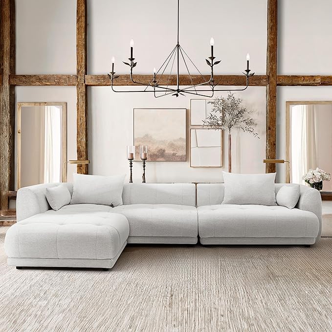 COLAMY 144" Modular Sectional Chenille Couch with Ottoman, Cloud Sectional Sofa Set with Ottoman,for Living Room(Beige)