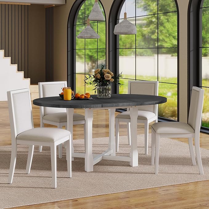 Ball & Cast 5 Pieces Dining Table Set with 4 Upholstered Chairs,Farmhouse Wooden Living Room Furniture for 4 W/ 57.7" Extendable Dining Table,for Dining Room,Bistro,Apartment,Grey+White