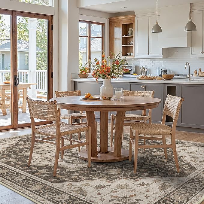 GENIMO 8x10 Area Rugs for Living Room, Machine Washable Non Slip Vintage Retro Rugs, Low Pile Lightweight Chenille Print Rug for Bedroom, Dining Room, Home Office, Ebony Taupe