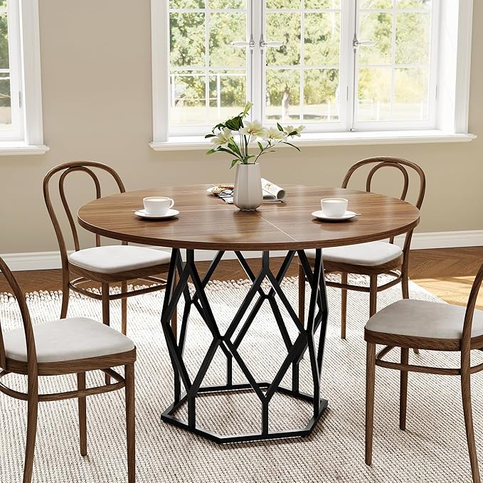 GarveeHome Round Dining Table for 4-6 People, 47 Inch Farmhouse Kitchen Table, Sturdy Metal Base, Industrial Wood Dinning Room Table for Kitchen, Brown