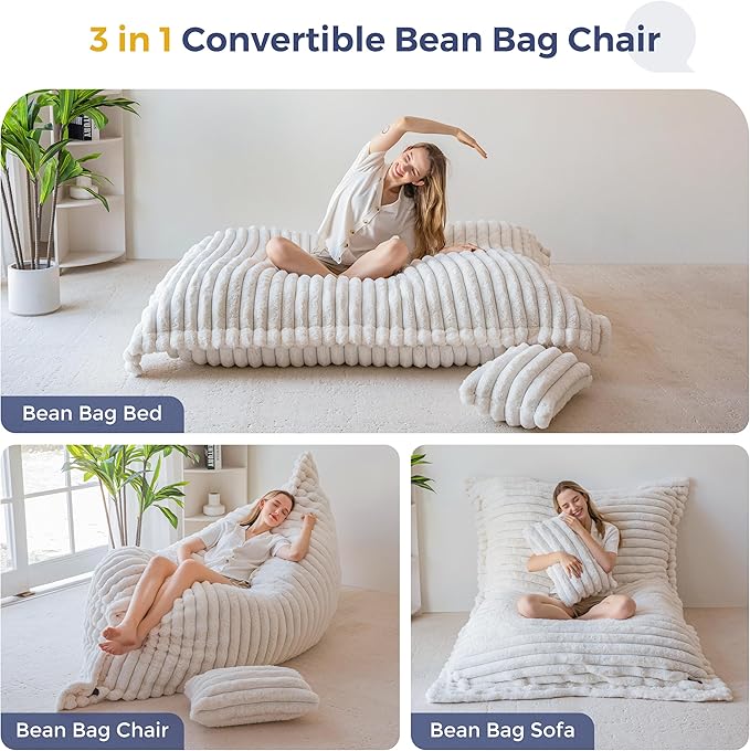 MAXYOYO Giant Bean Bag Chair with Pillow, 3 in 1 Convertible Bean Bag Chair for Adults with Washable Cover, Removable Floor Cushion Stuffed Floor Lounger for Living Room Bedroom, Beige