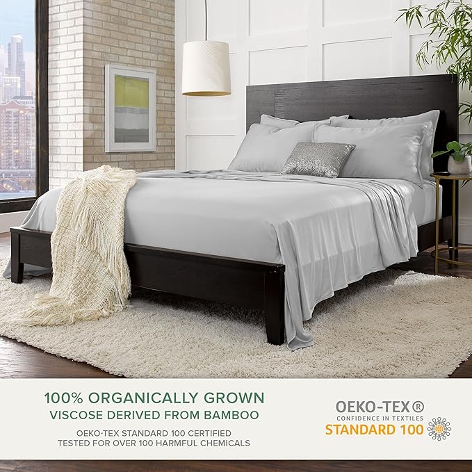 King Sheets by Pure Bamboo, Genuine 100% Organic Viscose Derived from Bamboo Bed Sheet Set, Luxuriously Soft & Cooling, Double Stitching, Lifetime Quality Promise (King, Silver Pearl)
