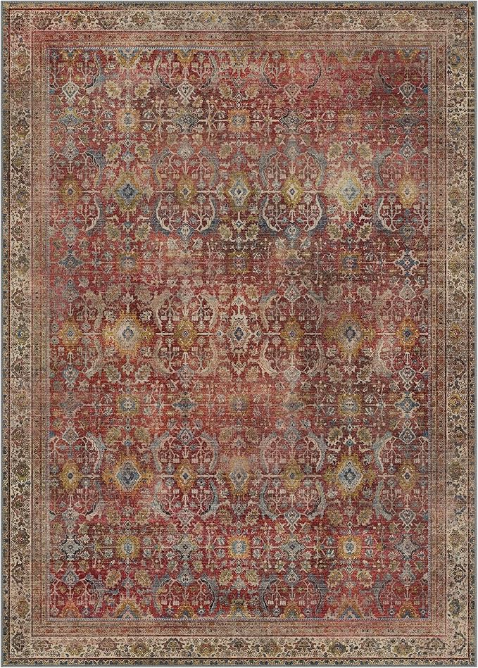 8X10 Area Rugs Machine Washable Rugs for Living Room, Vintage Boho Large Rugs for Bedroom Dining Room, Non Slip Indoor Soft Distressed Lightweight Thin Low Pile Carpet, Rust Red