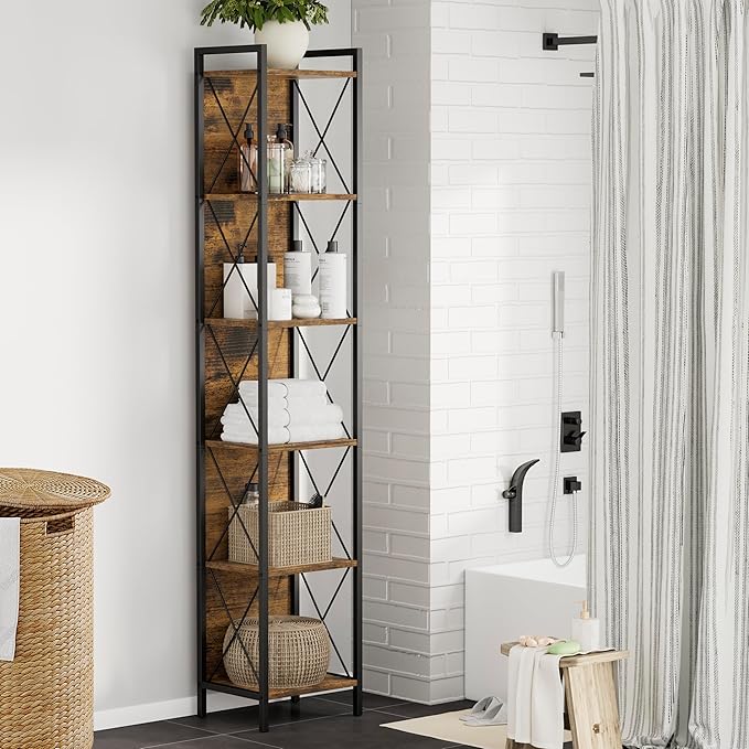 Homhedy 6 Tier Bookshelf Bookcase, Tall Narrow Bookshelf for Small Space, Metal Storage Shelves with Back Panel, for Home Office, Living Room, Kitchen, Bedroom, Industrial Style, Rustic Brown