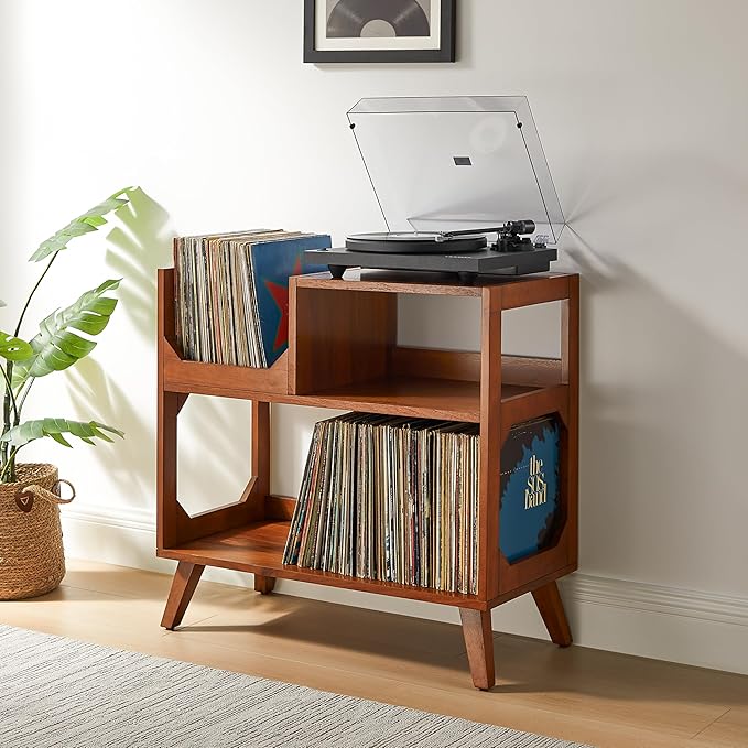 Crosley Furniture Asheville Mid-Century Modern Media Console Record Player Stand, Storage for Vinyl Records, Medium, Walnut