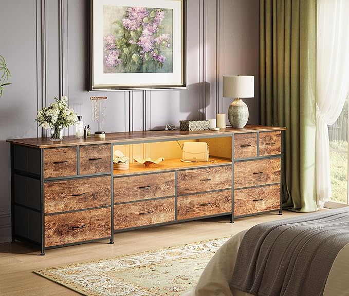 Huuger 70.9 Inch Dresser TV Stand with LED Lights, Power Outlets and USB-C Port, 12 Fabric Drawer Dresser for Bedroom, Wide Entertainment Center for 75, 80 Inch TV, Open Shelf, Rustic Brown