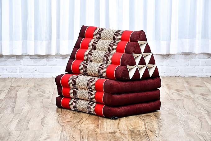Leewadee - Comfortable Japanese Floor Mattress - Thai Floor Bed with Triangle Cushion - Futon Mattress - Thai Massage Mat, 67 x 21 inches, Red, Kapok Filling