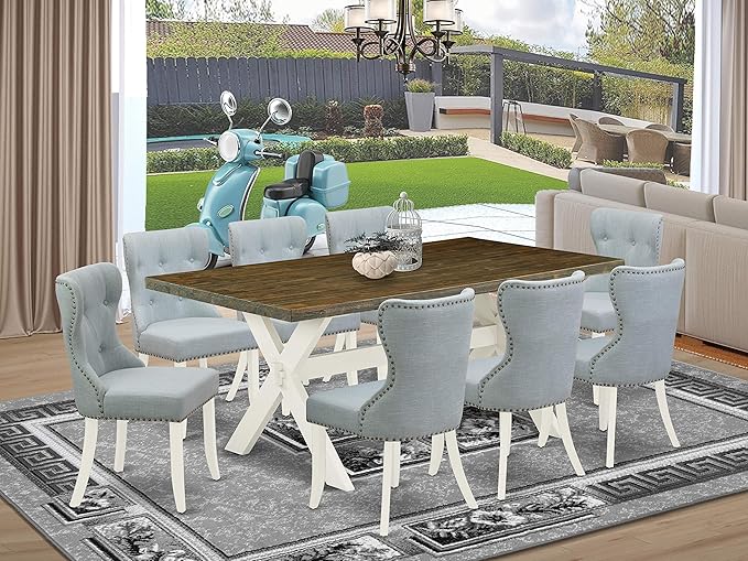 East West Furniture X077SI215-9 9 Piece Dining Room Table Set Includes a Rectangle Kitchen Table with X-Legs and 8 Baby Blue Linen Fabric Parson Dining Chairs, 40x72 Inch, Multi-Color