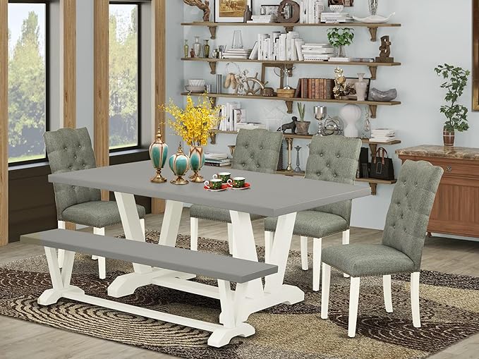 East West Furniture V097EL207-6 6 Piece Dining Room Table Set Contains a Rectangle Kitchen Table with V-Legs and 4 Gray Linen Fabric Parson Chairs with a Bench, 40x72 Inch, Multi-Color