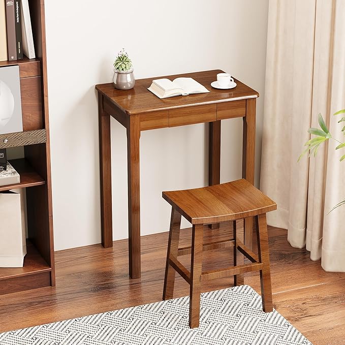 Solid Wood Desk with Drawers - 24 x 16 Inch Vintage Narrow Desks, Mid Century Modern Desks, Rubber Wood Study Table, Small Writing Desk for Bedroom|Small Spaces - Walnut Color