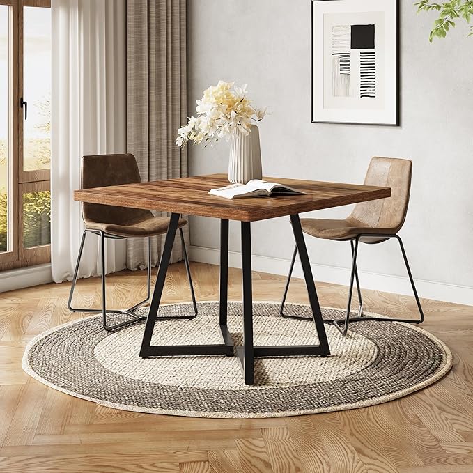 LITTLE TREE 31.5 Inches Small Dining Table for 4, Square Dinner Table for Small Space, Dining Room Tables, Rustic Brown Wooden Kitchen Table with Metal Legs, Modern Leisure Cafe Table for Apartment